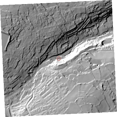Shaded relief map of the ground around TR261BE, computed from Environment Agency LiDAR. The ground here sits at about 63 m above sea level and falls 85 m across the surrounding 800 m. Surface water reaching this point runs off ground lying to the south, 51.3 m higher.