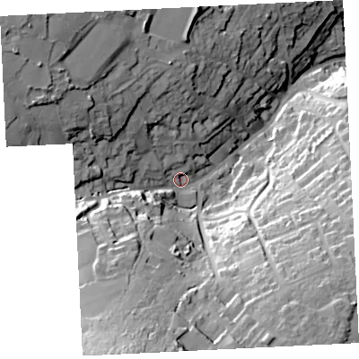 Shaded relief map of the ground around TR261BH, computed from Environment Agency LiDAR. The ground here sits at about 88 m above sea level and falls 72 m across the surrounding 800 m. Surface water reaching this point runs off ground lying to the south-south-west, 46.6 m higher.