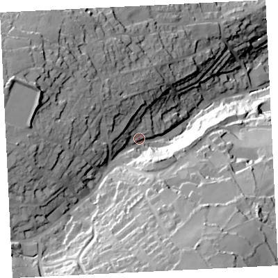 Shaded relief map of the ground around TR261BQ, computed from Environment Agency LiDAR. The ground here sits at about 67 m above sea level and falls 81 m across the surrounding 800 m. Surface water reaching this point runs off ground lying to the south, 44.3 m higher.
