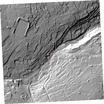 Shaded relief map of the ground around TR261BU, computed from Environment Agency LiDAR. The ground here sits at about 77 m above sea level and falls 78 m across the surrounding 800 m. Surface water reaching this point runs off ground lying to the south-south-east, 39.7 m higher.