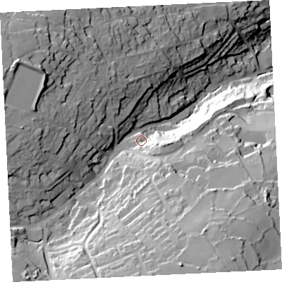 Shaded relief map of the ground around TR261DB, computed from Environment Agency LiDAR. The ground here sits at about 71 m above sea level and falls 84 m across the surrounding 800 m. Surface water reaching this point runs off ground lying to the south-east, 16.6 m higher.
