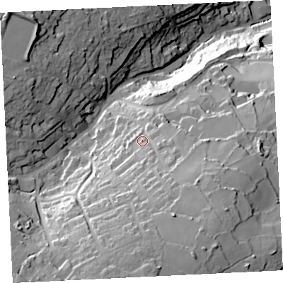 Shaded relief map of the ground around TR261DD, computed from Environment Agency LiDAR. The ground here sits at about 91 m above sea level and falls 90 m across the surrounding 800 m. Surface water reaching this point runs off ground lying to the south, 30.3 m higher.