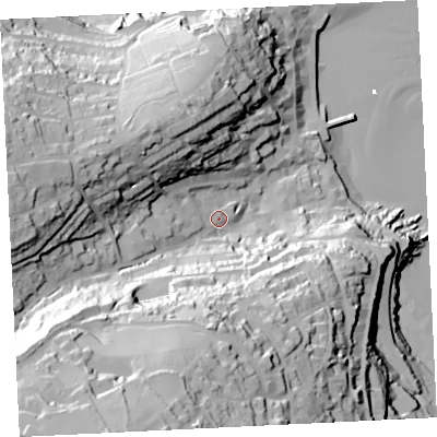 Shaded relief map of the ground around TR261FF, computed from Environment Agency LiDAR. The ground here sits at about 20 m above sea level and falls 94 m across the surrounding 800 m. Surface water reaching this point runs off ground lying to the south-south-west, 72.4 m higher.