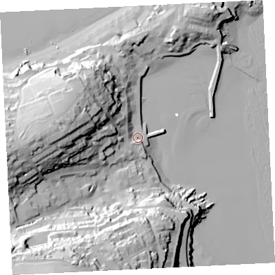 Shaded relief map of the ground around TR261FL, computed from Environment Agency LiDAR. The ground here sits at about 5 m above sea level and falls 75 m across the surrounding 800 m. Surface water reaching this point runs off ground lying to the west, 43.6 m higher.