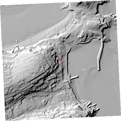 Shaded relief map of the ground around TR261HE, computed from Environment Agency LiDAR. The ground here sits at about 10 m above sea level and falls 56 m across the surrounding 800 m. Surface water reaching this point runs off ground lying to the west-south-west, 39.2 m higher.