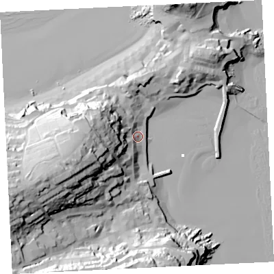 Shaded relief map of the ground around TR261HG, computed from Environment Agency LiDAR. The ground here sits at about 7 m above sea level and falls 56 m across the surrounding 800 m. Surface water reaching this point runs off ground lying to the west-south-west, 40.0 m higher.