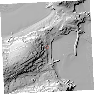 Shaded relief map of the ground around TR261HQ, computed from Environment Agency LiDAR. The ground here sits at about 7 m above sea level and falls 56 m across the surrounding 800 m. Surface water reaching this point runs off ground lying to the west-south-west, 39.6 m higher.