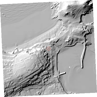 Shaded relief map of the ground around TR261HR, computed from Environment Agency LiDAR. The ground here sits at about 11 m above sea level and falls 57 m across the surrounding 800 m. Surface water reaching this point runs off ground lying to the south-west, 23.9 m higher.