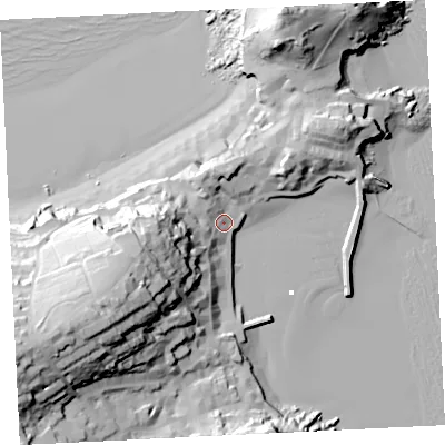 Shaded relief map of the ground around TR261HW, computed from Environment Agency LiDAR. The ground here sits at about 6 m above sea level and falls 54 m across the surrounding 800 m. Surface water reaching this point runs off ground lying to the west-south-west, 28.5 m higher.