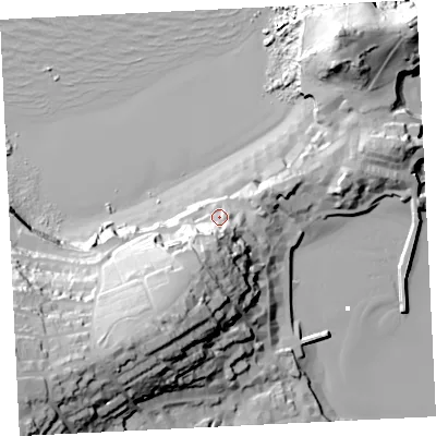 Shaded relief map of the ground around TR261HX, computed from Environment Agency LiDAR. The ground here sits at about 13 m above sea level and falls 60 m across the surrounding 800 m. Surface water reaching this point runs off ground lying to the south-south-west, 21.0 m higher.