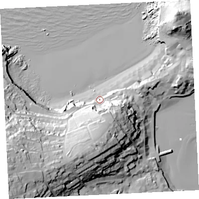 Shaded relief map of the ground around TR261JZ, computed from Environment Agency LiDAR. The ground here sits at about 7 m above sea level and falls 68 m across the surrounding 800 m. Surface water reaching this point runs off ground lying to the south, 41.5 m higher.