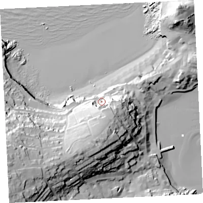Shaded relief map of the ground around TR261LA, computed from Environment Agency LiDAR. The ground here sits at about 14 m above sea level and falls 68 m across the surrounding 800 m. Surface water reaching this point runs off ground lying to the south, 28.2 m higher.