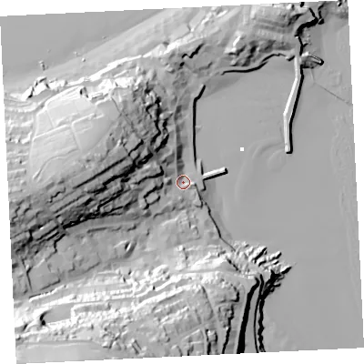 Shaded relief map of the ground around TR261LE, computed from Environment Agency LiDAR. The ground here sits at about 6 m above sea level and falls 76 m across the surrounding 800 m. Surface water reaching this point runs off ground lying to the west, 43.5 m higher.