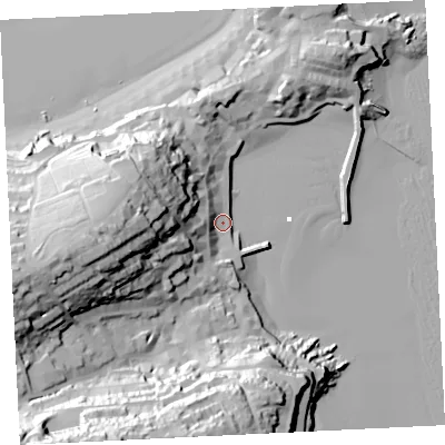 Shaded relief map of the ground around TR261LF, computed from Environment Agency LiDAR. The ground here sits at about 4 m above sea level and falls 68 m across the surrounding 800 m. Surface water reaching this point runs off ground lying to the west, 45.6 m higher.