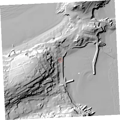 Shaded relief map of the ground around TR261LG, computed from Environment Agency LiDAR. The ground here sits at about 6 m above sea level and falls 55 m across the surrounding 800 m. Surface water reaching this point runs off ground lying to the west, 28.4 m higher.