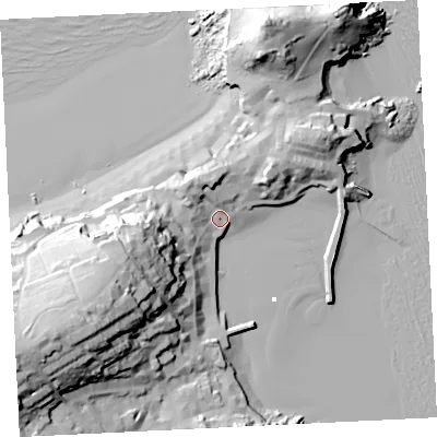 Shaded relief map of the ground around TR261LH, computed from Environment Agency LiDAR. The ground here sits at about 5 m above sea level and falls 53 m across the surrounding 800 m. Surface water reaching this point runs off ground lying to the west-south-west, 31.0 m higher.