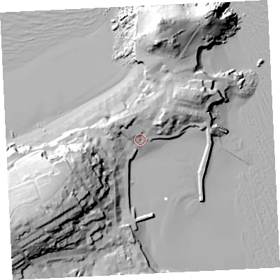 Shaded relief map of the ground around TR261LP, computed from Environment Agency LiDAR. The ground here sits at about 5 m above sea level and falls 52 m across the surrounding 800 m. Surface water reaching this point runs off ground lying to the west-south-west, 30.7 m higher.