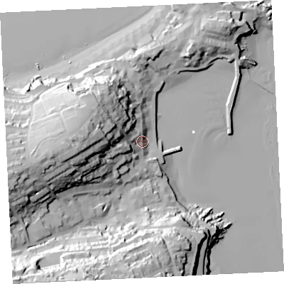 Shaded relief map of the ground around TR261LQ, computed from Environment Agency LiDAR. The ground here sits at about 10 m above sea level and falls 71 m across the surrounding 800 m. Surface water reaching this point runs off ground lying to the west, 43.8 m higher.