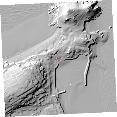 Shaded relief map of the ground around TR261LR, computed from Environment Agency LiDAR. The ground here sits at about 6 m above sea level and falls 52 m across the surrounding 800 m. Surface water reaching this point runs off ground lying to the north-east, 12.4 m higher.