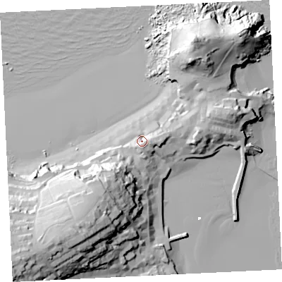 Shaded relief map of the ground around TR261NE, computed from Environment Agency LiDAR. The ground here sits at about 9 m above sea level and falls 56 m across the surrounding 800 m. Surface water reaching this point runs off ground lying to the south-east, 8.9 m higher.