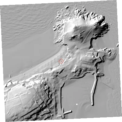 Shaded relief map of the ground around TR261NJ, computed from Environment Agency LiDAR. The ground here sits at about 6 m above sea level and falls 53 m across the surrounding 800 m. Surface water reaching this point runs off ground lying to the south-south-west, 8.5 m higher.