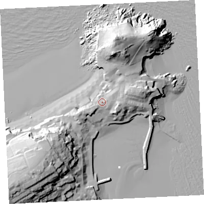 Shaded relief map of the ground around TR261NL, computed from Environment Agency LiDAR. The ground here sits at about 11 m above sea level and falls 52 m across the surrounding 800 m. Surface water reaching this point runs off ground lying to the east-north-east, 7.7 m higher.