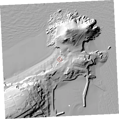 Shaded relief map of the ground around TR261NP, computed from Environment Agency LiDAR. The ground here sits at about 7 m above sea level and falls 52 m across the surrounding 800 m. Surface water reaching this point runs off ground lying to the east, 12.5 m higher.