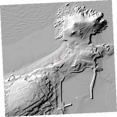 Shaded relief map of the ground around TR261NQ, computed from Environment Agency LiDAR. The ground here sits at about 7 m above sea level and falls 54 m across the surrounding 800 m. Surface water reaching this point runs off ground lying to the south, 8.2 m higher.