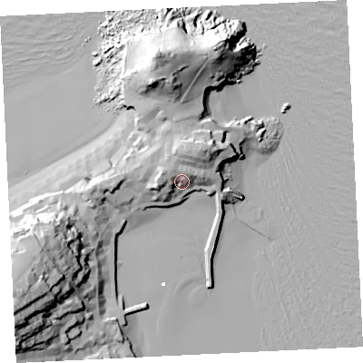 Shaded relief map of the ground around TR261PB, computed from Environment Agency LiDAR. The ground here sits at about 11 m above sea level and falls 49 m across the surrounding 800 m. Surface water reaching this point runs off ground lying to the west-north-west, 9.4 m higher.