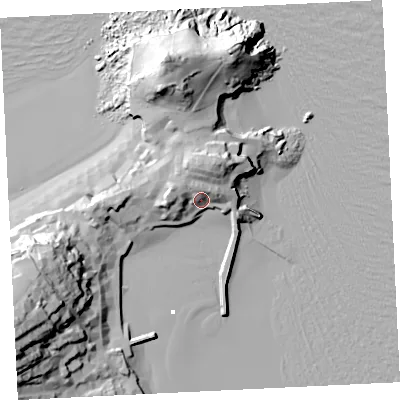 Shaded relief map of the ground around TR261PG, computed from Environment Agency LiDAR. The ground here sits at about 11 m above sea level and falls 48 m across the surrounding 800 m. Surface water reaching this point runs off ground lying to the west-north-west, 9.2 m higher.