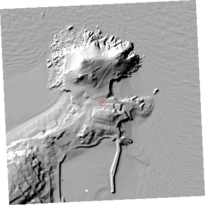 Shaded relief map of the ground around TR261PL, computed from Environment Agency LiDAR. The ground here sits at about 13 m above sea level and falls 46 m across the surrounding 800 m. Surface water reaching this point runs off ground lying to the south-south-east, 7.8 m higher.
