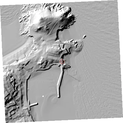 Shaded relief map of the ground around TR261PS, computed from Environment Agency LiDAR. The ground here sits at about 10 m above sea level and falls 39 m across the surrounding 800 m. Surface water reaching this point runs off ground lying to the north-west, 16.4 m higher.