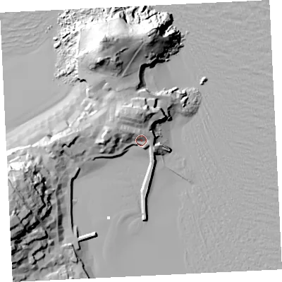 Shaded relief map of the ground around TR261PT, computed from Environment Agency LiDAR. The ground here sits at about 8 m above sea level and falls 43 m across the surrounding 800 m. Surface water reaching this point runs off ground lying to the north-north-west, 9.4 m higher.