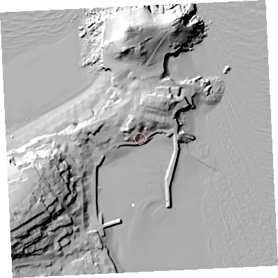 Shaded relief map of the ground around TR261PU, computed from Environment Agency LiDAR. The ground here sits at about 6 m above sea level and falls 51 m across the surrounding 800 m. Surface water reaching this point runs off ground lying to the north-north-west, 15.4 m higher.