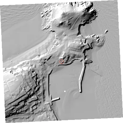 Shaded relief map of the ground around TR261PZ, computed from Environment Agency LiDAR. The ground here sits at about 7 m above sea level and falls 52 m across the surrounding 800 m. Surface water reaching this point runs off ground lying to the north-north-east, 11.1 m higher.