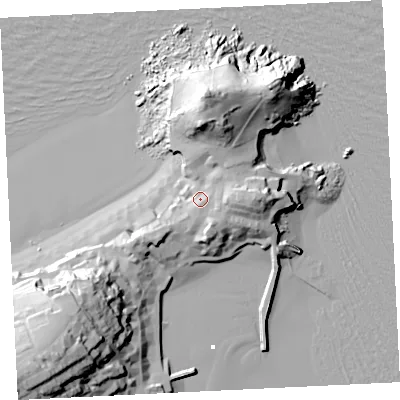 Shaded relief map of the ground around TR261QA, computed from Environment Agency LiDAR. The ground here sits at about 12 m above sea level and falls 52 m across the surrounding 800 m. Surface water reaching this point runs off ground lying to the east, 8.0 m higher.