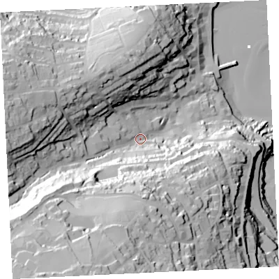 Shaded relief map of the ground around TR261QG, computed from Environment Agency LiDAR. The ground here sits at about 22 m above sea level and falls 97 m across the surrounding 800 m. Surface water reaching this point runs off ground lying to the south-west, 74.9 m higher.