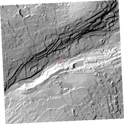 Shaded relief map of the ground around TR261QJ, computed from Environment Agency LiDAR. The ground here sits at about 38 m above sea level and falls 94 m across the surrounding 800 m. Surface water reaching this point runs off ground lying to the south-south-west, 64.8 m higher.