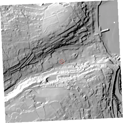 Shaded relief map of the ground around TR261QL, computed from Environment Agency LiDAR. The ground here sits at about 24 m above sea level and falls 95 m across the surrounding 800 m. Surface water reaching this point runs off ground lying to the south-west, 72.2 m higher.