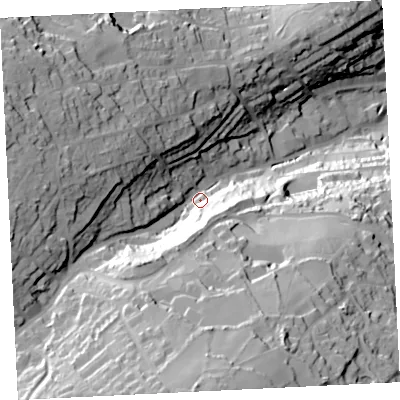 Shaded relief map of the ground around TR261QN, computed from Environment Agency LiDAR. The ground here sits at about 49 m above sea level and falls 92 m across the surrounding 800 m. Surface water reaching this point runs off ground lying to the south-south-west, 58.8 m higher.