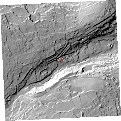 Shaded relief map of the ground around TR261QP, computed from Environment Agency LiDAR. The ground here sits at about 45 m above sea level and falls 85 m across the surrounding 800 m. Surface water reaching this point runs off ground lying to the west-north-west, 19.8 m higher.