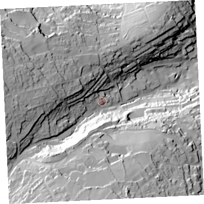 Shaded relief map of the ground around TR261QR, computed from Environment Agency LiDAR. The ground here sits at about 40 m above sea level and falls 89 m across the surrounding 800 m. Surface water reaching this point runs off ground lying to the west, 39.3 m higher.