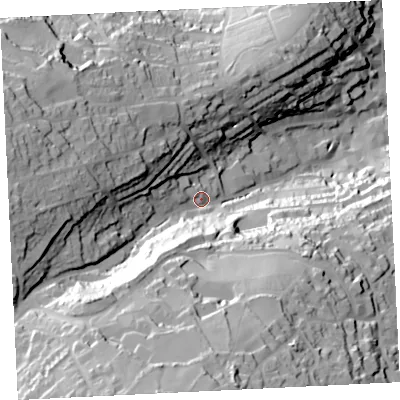 Shaded relief map of the ground around TR261QT, computed from Environment Agency LiDAR. The ground here sits at about 38 m above sea level and falls 92 m across the surrounding 800 m. Surface water reaching this point runs off ground lying to the south-south-west, 63.3 m higher.