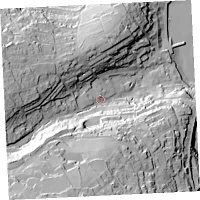 Shaded relief map of the ground around TR261QX, computed from Environment Agency LiDAR. The ground here sits at about 27 m above sea level and falls 97 m across the surrounding 800 m. Surface water reaching this point runs off ground lying to the south-south-west, 70.6 m higher.