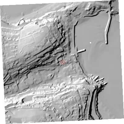 Shaded relief map of the ground around TR261RR, computed from Environment Agency LiDAR. The ground here sits at about 12 m above sea level and falls 84 m across the surrounding 800 m. Surface water reaching this point runs off ground lying to the west-north-west, 20.0 m higher.