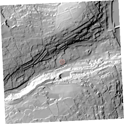 Shaded relief map of the ground around TR261RU, computed from Environment Agency LiDAR. The ground here sits at about 32 m above sea level and falls 96 m across the surrounding 800 m. Surface water reaching this point runs off ground lying to the west, 6.1 m higher.