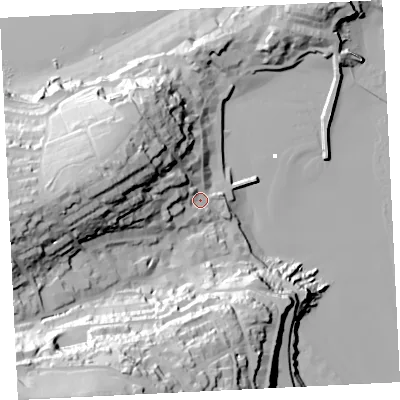Shaded relief map of the ground around TR261RZ, computed from Environment Agency LiDAR. The ground here sits at about 8 m above sea level and falls 78 m across the surrounding 800 m. Surface water reaching this point runs off ground lying to the west, 41.9 m higher.