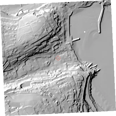 Shaded relief map of the ground around TR261SD, computed from Environment Agency LiDAR. The ground here sits at about 12 m above sea level and falls 91 m across the surrounding 800 m. Surface water reaching this point runs off ground lying to the south-west, 77.6 m higher.