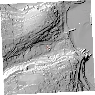 Shaded relief map of the ground around TR261SG, computed from Environment Agency LiDAR. The ground here sits at about 17 m above sea level and falls 91 m across the surrounding 800 m. Surface water reaching this point runs off ground lying to the west, 45.9 m higher.