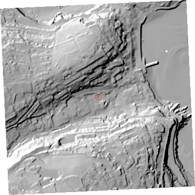 Shaded relief map of the ground around TR261SH, computed from Environment Agency LiDAR. The ground here sits at about 18 m above sea level and falls 91 m across the surrounding 800 m. Surface water reaching this point runs off ground lying to the west, 45.6 m higher.